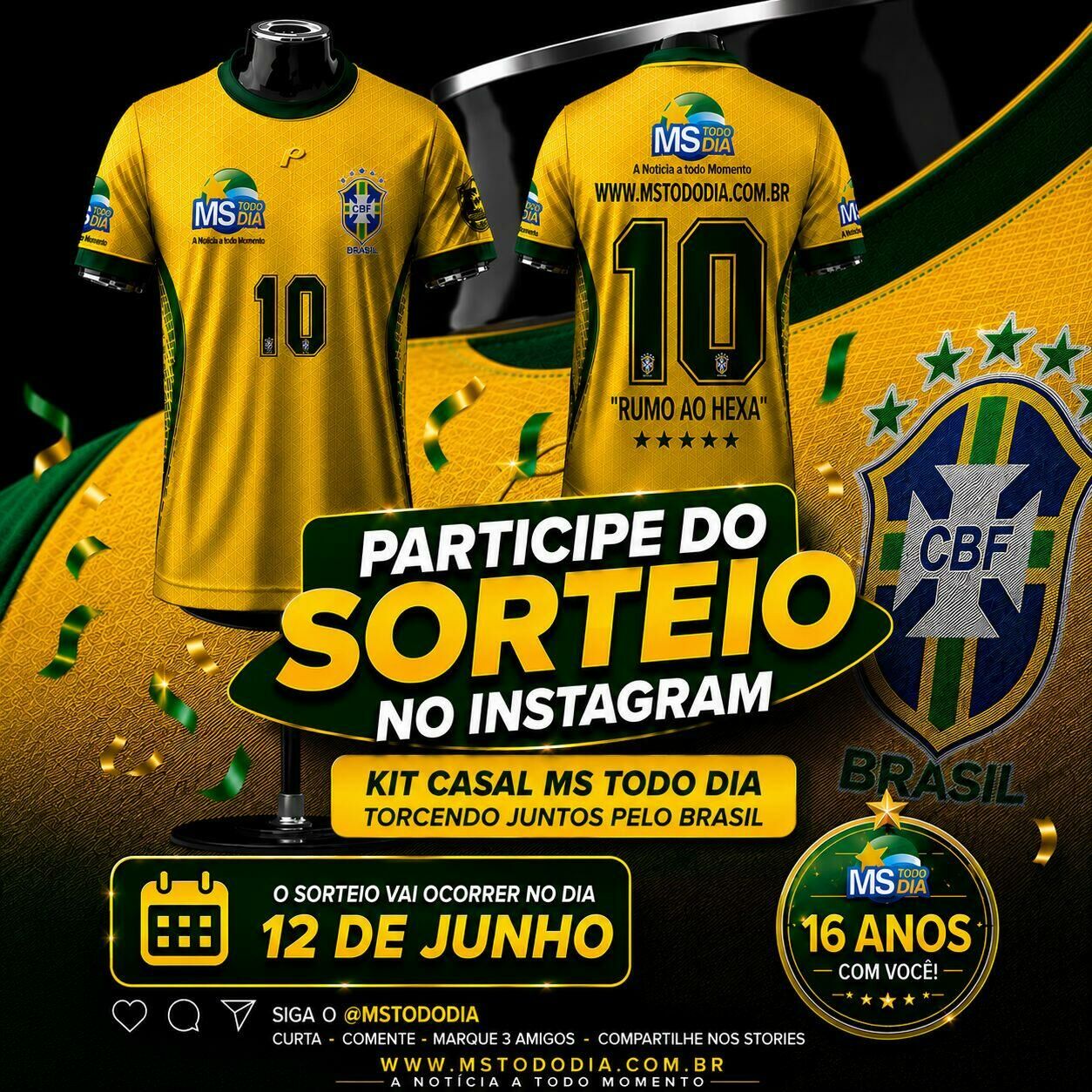 Imagem de compartilhamento para o artigo MS TODO DIA lança sorteio especial de Dia dos Namorados com kit de camisetas para casal torcer junto para o Brasil da MS Todo dia